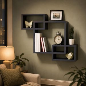 Puede incluir: Una estantería de pared gris oscuro compuesta por compartimentos cuadrados y rectangulares interconectados. Los estantes contienen una fotografía enmarcada, un reloj analógico redondo, varios libros, una figura de mariposa y un objeto geométrico.
