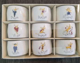 Pottery Barn Reindeer Napkin Rings, porcelain, 9 rings, New in original box