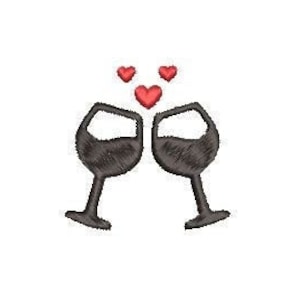 Könnte beinhalten: Zwei Weingläser stoßen an, über ihnen schweben drei rote Herzen.