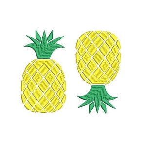 May include: Two yellow pineapples with green tops. The pineapples are stylized and have a diamond pattern.