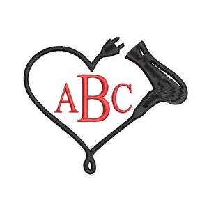May include: A black hairdryer with a cord shaped into a heart with the letters ABC inside the heart.