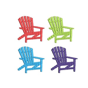 May include: Four Adirondack chairs in different colors: red, green, blue, and purple. The chairs are all facing the same direction and are arranged in a square.