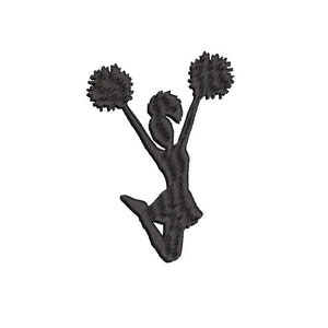 May include: Black silhouette of a cheerleader with pom-poms in a jumping pose.