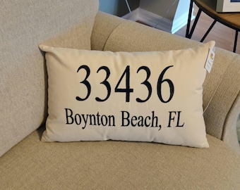Embroidered Boynton Beach FL Pillow, Custom Zip Code 33436, Cotton Home Decor