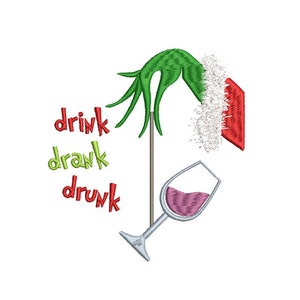 Puede incluir: Mano verde con un gorro de Papá Noel rojo sosteniendo una copa de vino. El texto "drink drank drunk" está escrito debajo de la mano.