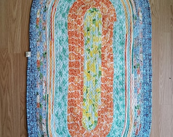 Oval Jelly Roll Rug, Tropical Cotton Fabric, Serpentine Stitch, 25" x 45"