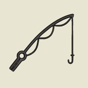 Może przedstawiać: Czarna wędka z zakrzywionym wzorem i haczykiem. Wędka ma szczegółowy, teksturowany wygląd, prawdopodobnie haftowany. Tło jest jednolite, jasnobeżowe.