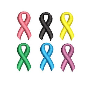 Puede incluir: Seis diseños de cintas bordadas en diferentes colores: rosa, negro, amarillo, verde, azul y morado. Las cintas son todas del mismo tamaño y forma, y están dispuestas en dos filas de tres.