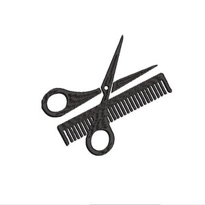 Diseño de bordado a máquina de tijeras y peine, logotipo de peluquería (descarga digital)