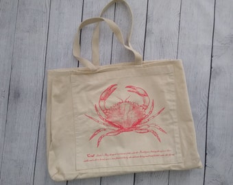 Crab Jumbo Tote Bag with Pocket, beach bag, large tote, screen printed design
