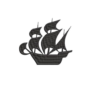 Può includere: Silhouette nera di una nave a vela con più vele. La nave è rivolta a destra e ha uno scafo grande.