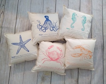 Beach Pillow, Blue Octopus, Blue Starfish, Orange Lobster, Coral Crab, Teal Seahorse, Housewarming Gift,Realtor Gift,Beach Home,Hostess Gift