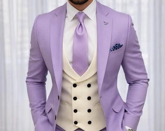 Traje de tres piezas color lavanda para hombre, traje de boda lila para hombre, esmoquin ajustado para graduación, conjunto de chaqueta, chaleco y pantalón para novio, traje formal morado