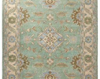Hand Knotted Wool Rug, Blue Green Floral Area Rug, Vintage Style Handmade Carpet, Traditional Living Room Rug, Bedroom Rug, Custom Size