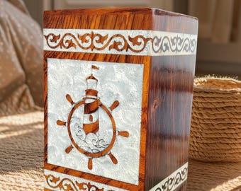 Handcrafted Wooden Cremation Urn with Nautical Lighthouse Inlay | Premium Memorial Urn for Ashes