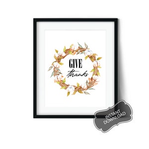 Give Thanks Sign, Watercolor Wreath Wall Art, Thankful Wall Decor, Printable Thanks, Gratitude Print, Inspirational Wall Decor, Thanksgiving
