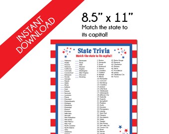 4th Of July Games / State Capital Trivia Game / 4th of July Printable / Printable Trivia / Printable Game / Patriotic / USA