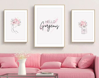 Hello gorgeous print, Girl Room Set of 3, Blush pink wall art, Fashion wall decor, Pink flowers, Beauty printable, Girls bedroom wall art