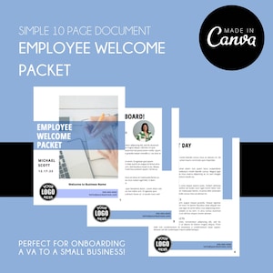 May include: A 10-page employee welcome pack document template with a blue background. The document includes a welcome message, a company logo, and a section for the employee's name and start date. The document also includes a section for the employee's manager and a section for the employee's team. The document is designed to help new employees feel welcome and informed about their new role.