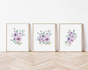 Set of 3 flower prints, Bouquet Set of 3, Purple Florals, Purple Flower Prints, Printable Wall Art Purple, Set of 3 Lilac Purple