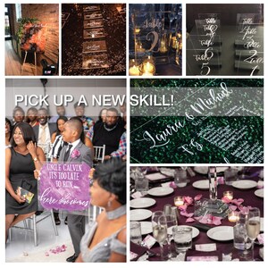 May include: A collage of wedding decor elements. Includes clear acrylic table numbers, seating charts, and a sign that reads "Uncle Calvin, it's too late to run, here she comes!" The scene is set with candles and floral arrangements.