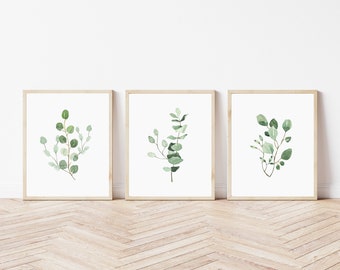 Eucalyptus Wall Art, Leaf Art Prints or Greenery Set of 3, Watercolor Eucalyptus Print Set, Leaf Decor, Watercolor Leaves Office Wall Art