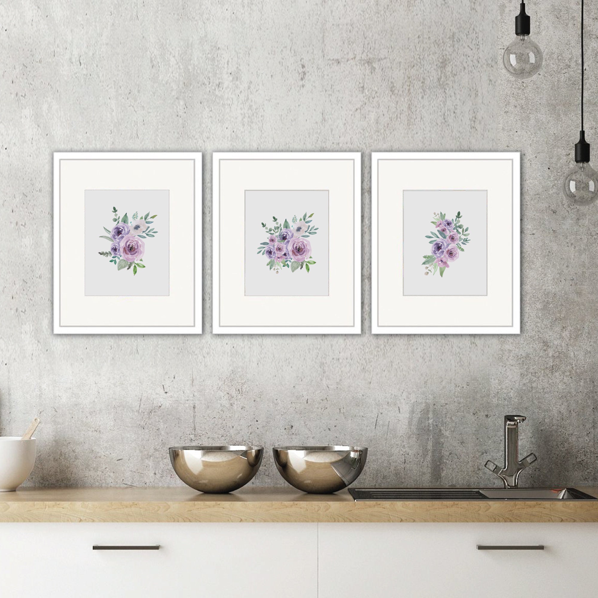 Set of 3 flower prints Bouquet Set of 3 Purple Florals Etsy