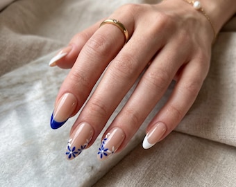 Blue and White French Tip Press On Nails | Hand Painted Floral Almond Fake Nails | Porcelain Flower Beach Gel Glue On Mani