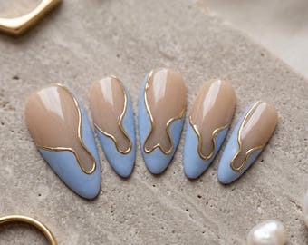 Baby Blue Press On Nails | Abstract Wavy French Tip Fake Nails | 3D Gold Chrome Custom Gel Nails | Modern Almond Minimalist Glue On Mani