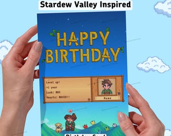 Urodzinowa kartka inspirowana Stardew Valley z pikselami | Spersonalizowane imię i wiadomość | Niestandardowy styl gry do pobrania w wersji cyfrowej