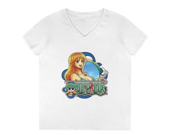 One Piece Nami Art V-Neck T-Shirt | Anime Nautical Crew Logo