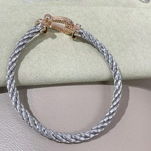 May include: A silver braided bracelet with a gold clasp. The bracelet features a woven design and a secure clasp. The gold clasp has a decorative design. The bracelet is a piece of jewellery.