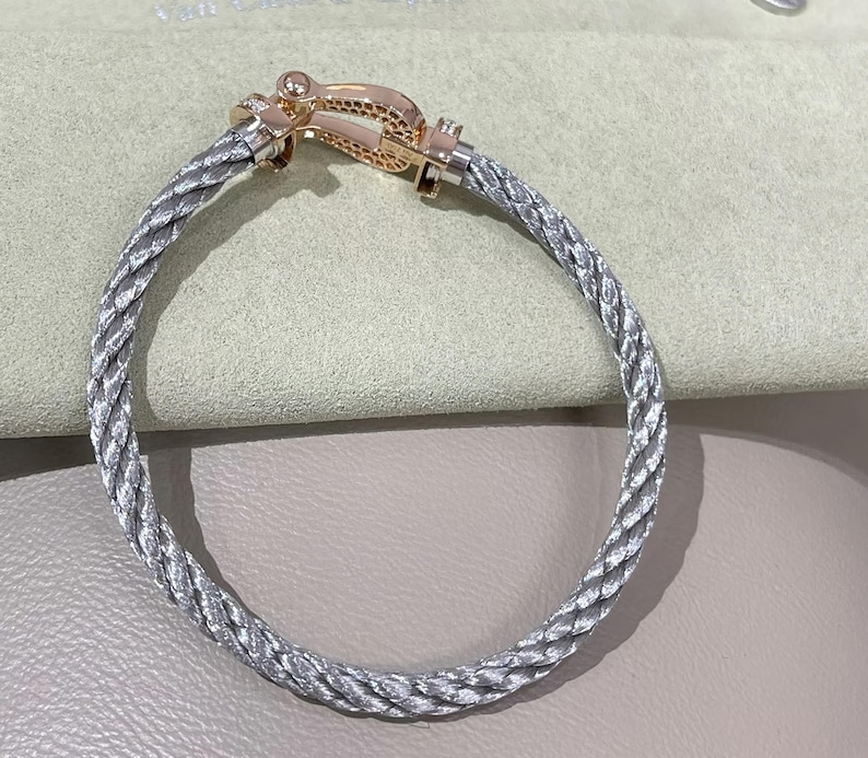 May include: A silver braided bracelet with a gold clasp. The bracelet features a woven design and a secure clasp. The gold clasp has a decorative design. The bracelet is a piece of jewellery.