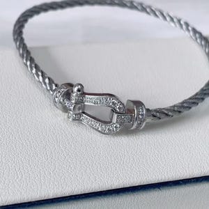May include: A silver-colored bracelet with a braided cable design. The bracelet features a decorative clasp adorned with small, sparkling gemstones. The clasp is in the shape of a horseshoe. The bracelet is displayed on a white surface.