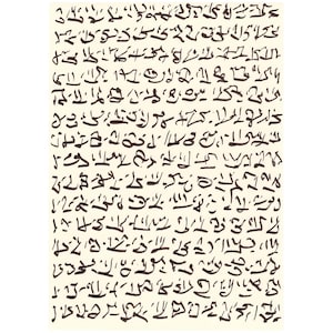 Peut inclure: Une feuille de papier crème avec une écriture calligraphique noire. L'écriture est dense et couvre toute la surface, avec une variété de formes et de tailles. Le style rappelle les anciens systèmes d'écriture, créant une texture visuelle.