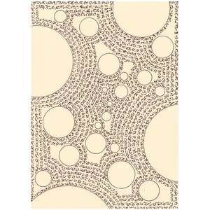 Peut inclure: Impression d'art abstrait sur fond crème, ornée de nombreux cercles de tailles variées. Les cercles sont soulignés en noir et entrecoupés de motifs tourbillonnants denses d'écriture noire, créant un design visuellement complexe et intrigant.