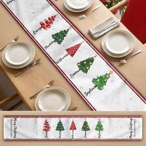 May include: A white table runner featuring a red border and a repeating snowflake pattern. The design includes five stylized Christmas trees with the names Lucas, Elizabeth, William, Emma, and Sophia, plus the text Merry Christmas The Anderson Family.