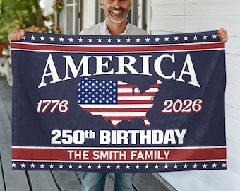 Personalized America 250th Birthday Flag, Custom Family Name, USA Anniversary Banner