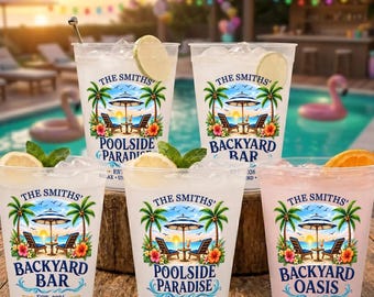 Custom Poolside Frosted Cups, Personalized Beachside Paradise Cups, Summer Vacation Drinkware, Family Pool Party Cups, Reusable Party Cups