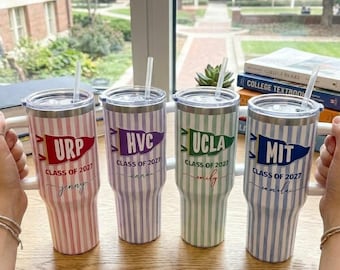 Custom Banner School 40oz Tumbler, School Pennant Flag Coffee Tumbler, Custom Name Tumbler Cup, University Graduation 2027 Gift
