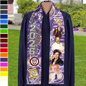May include: A purple graduation sash with the name "Abraham" and the year "2026" in silver lettering. The sash features photos, a university logo, and the quote "I wanted to give up, but I remembered who was watching me."