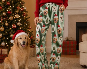 Custom Pet Face Christmas Lounge Pants, Personalized Dog Cat Pajama Pants, Christmas Pajamas for Pet Lovers, Holiday Gift For Dog Mom