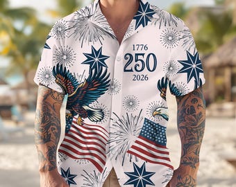 Personalized USA 250th Anniversary Hawaiian Shirt, 1776–2026 Eagle Patriotic Shirt, Independence Day Gift
