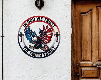 Personalized Patriotic Eagle Metal Sign – In God We Trust, American Family Name Wall Decor
