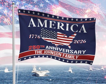 Personalized USA 250th Anniversary House Flag, Patriotic Family Name Decor