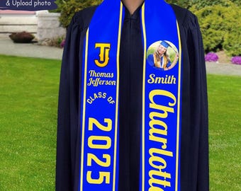 Custom Photo Graduation Stole, Class of 2026 Sash, Personalized Name Silk Grad Keepsake