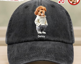 Custom Dog Photo Name Washed Denim Baseball Cap, Personalized Pet Lover Gift