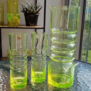 Riihimäen Tzarina pitcher 1,5L + 2 tumblers uranium glass