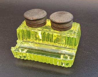 Dubbele inktpot uraniumglas – Boho art-decobureauset met dippen