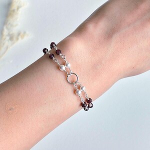 Deep red garnet sterling silver bracelet • white crystal pearls and burgundy gemstone